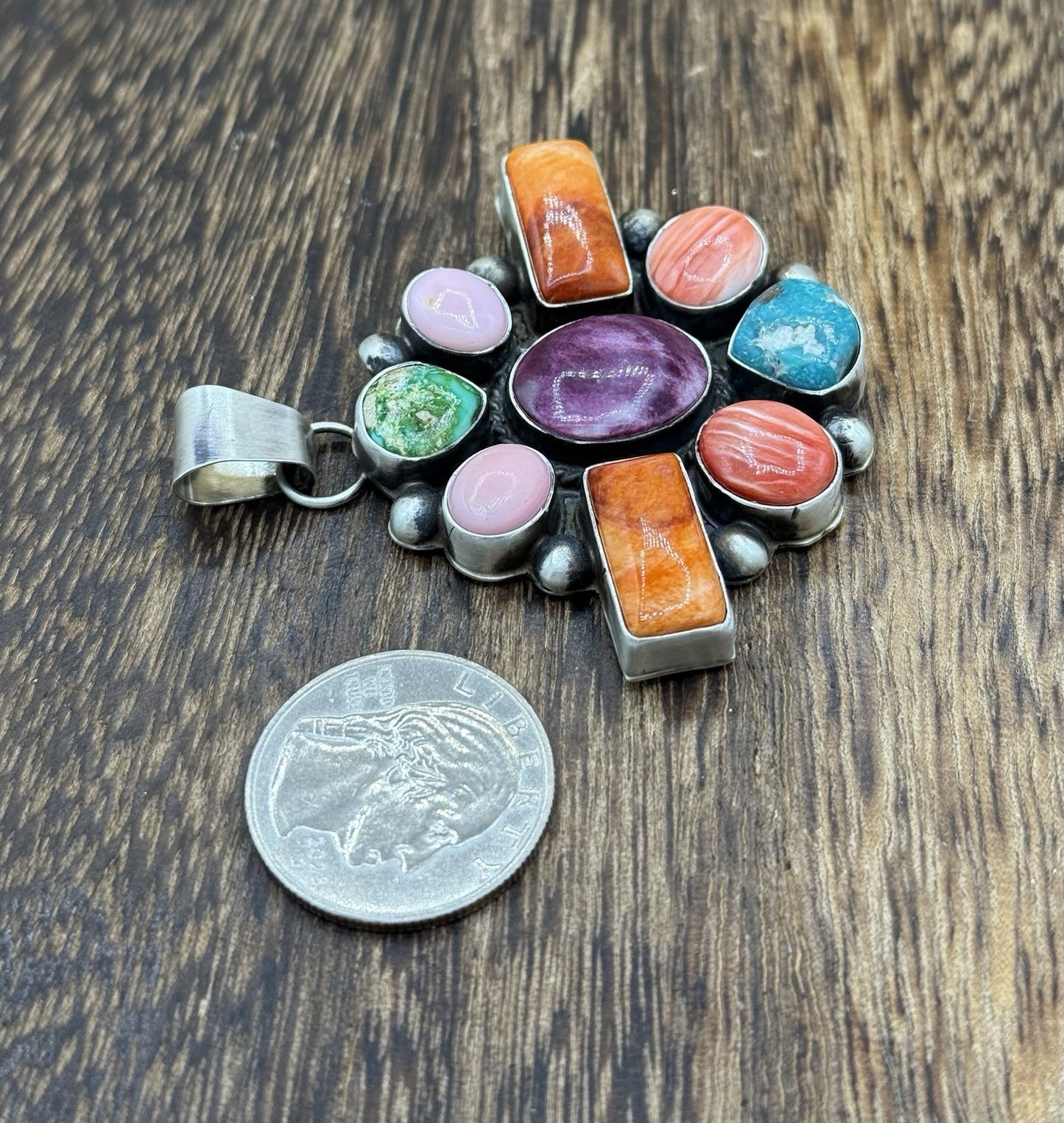 Navajo Handmade Sterling Silver Multi Color Turquoise Spiny Cluster Pendant Lg.