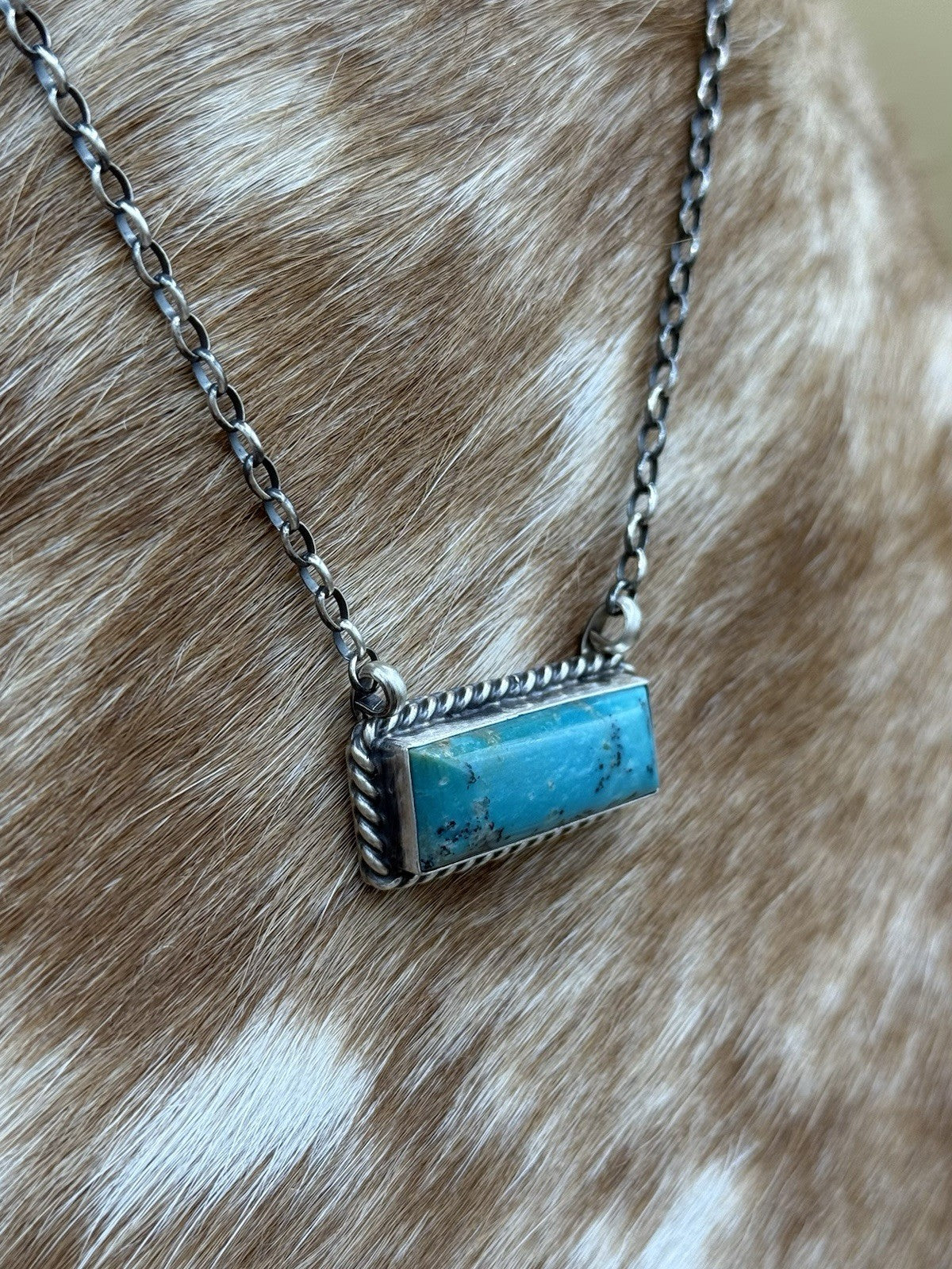 Navajo Handmade Sterling Silver Kingman Turquoise Bar Necklace 16” Augustine L.