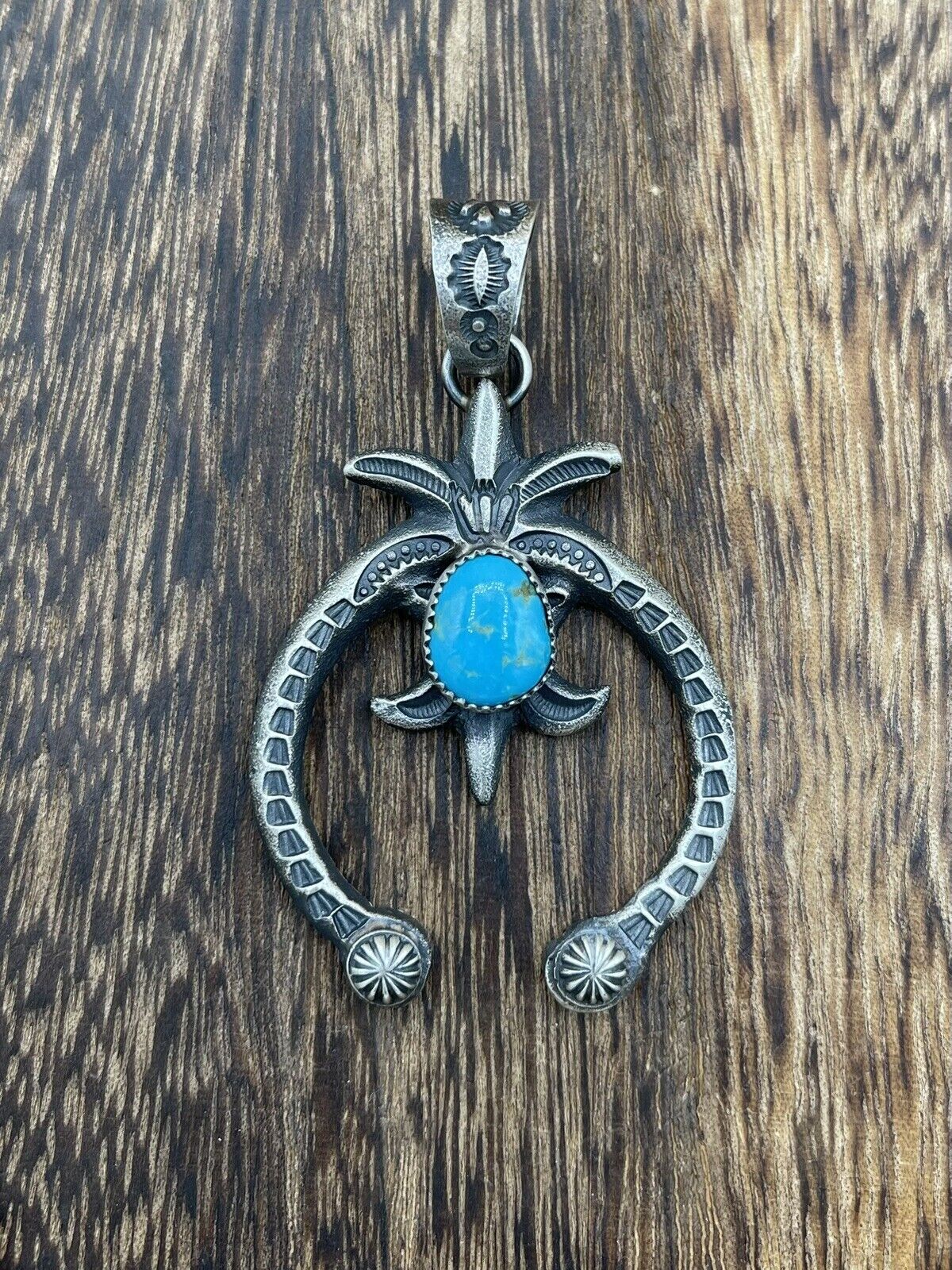 Native American Indian Navajo Handmade Silver Old Look Turquoise Naja Pendant