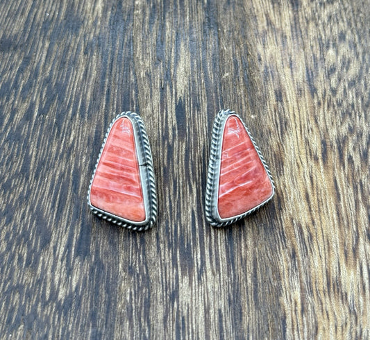 Native Navajo Handmade Sterling Silver Red Spiny Oyster Shell Post Stud Earrings
