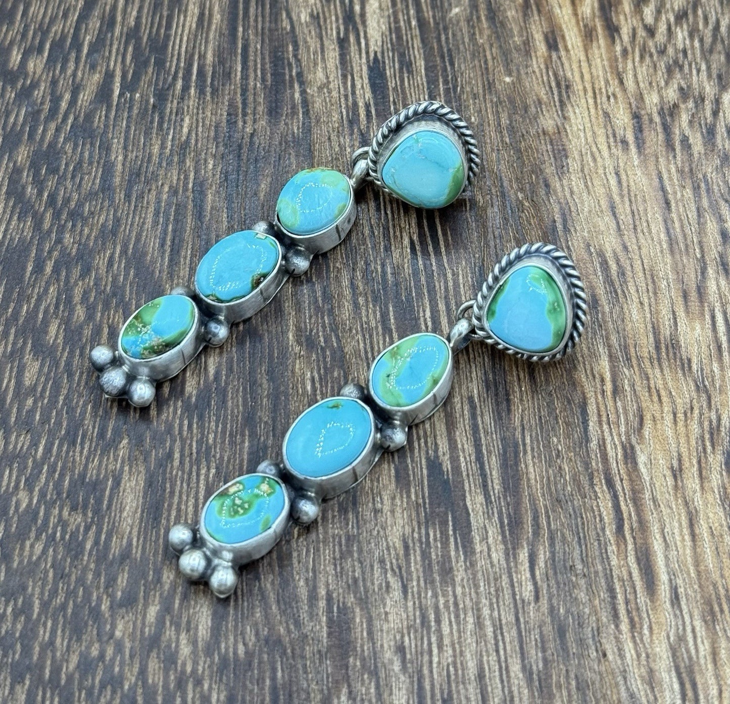 Navajo Handmade Sterling Silver Sonoran Gold Turquoise Post Cluster Earrings