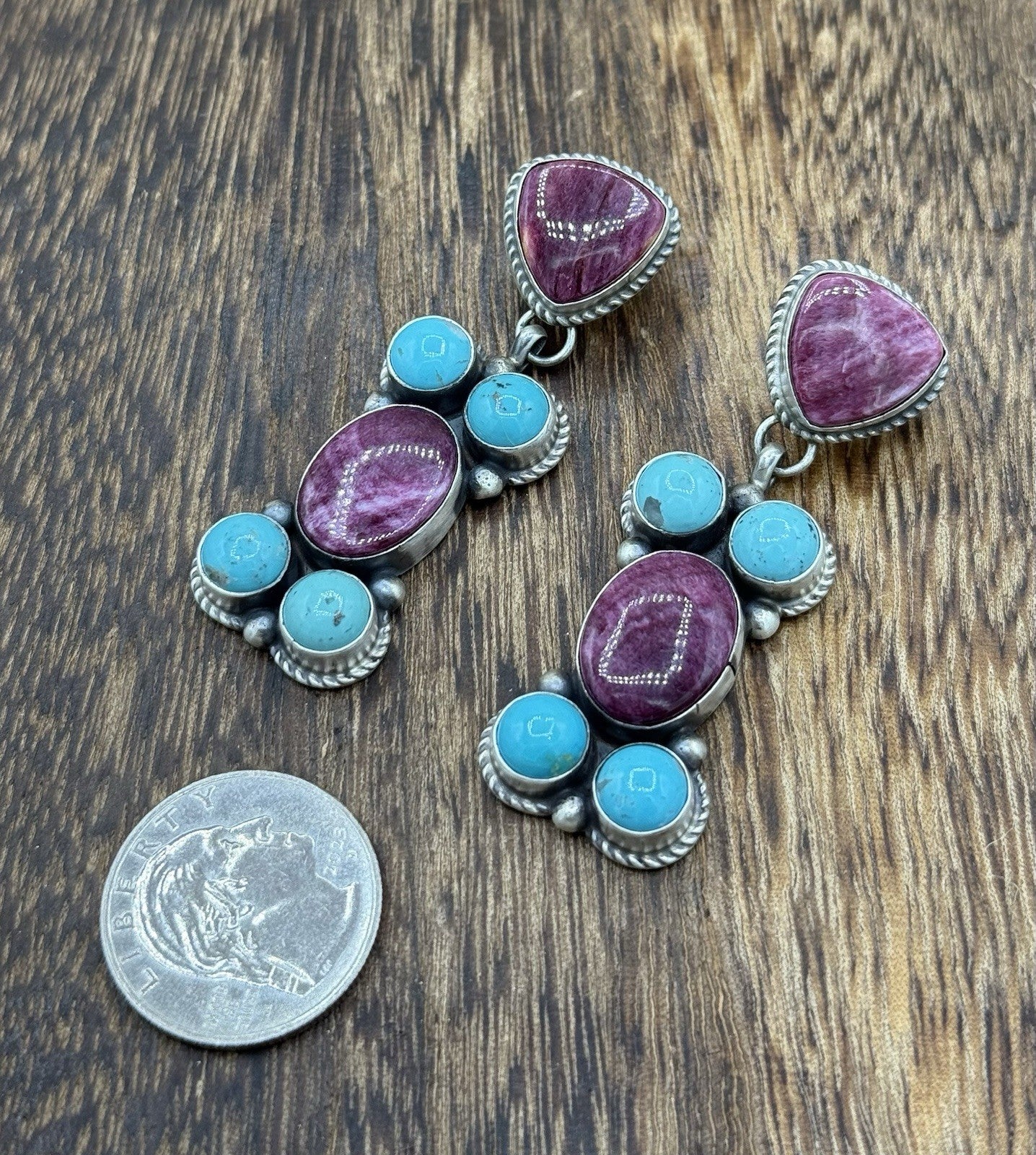 Navajo Handmade Sterling Silver Turquoise & Spiny Oyster Post Dangle Earrings