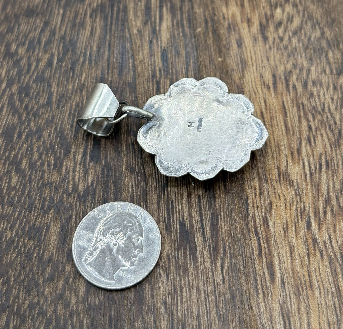 Navajo Handmade Sterling Silver Royston Turquoise Stamped Design Drop Pendant