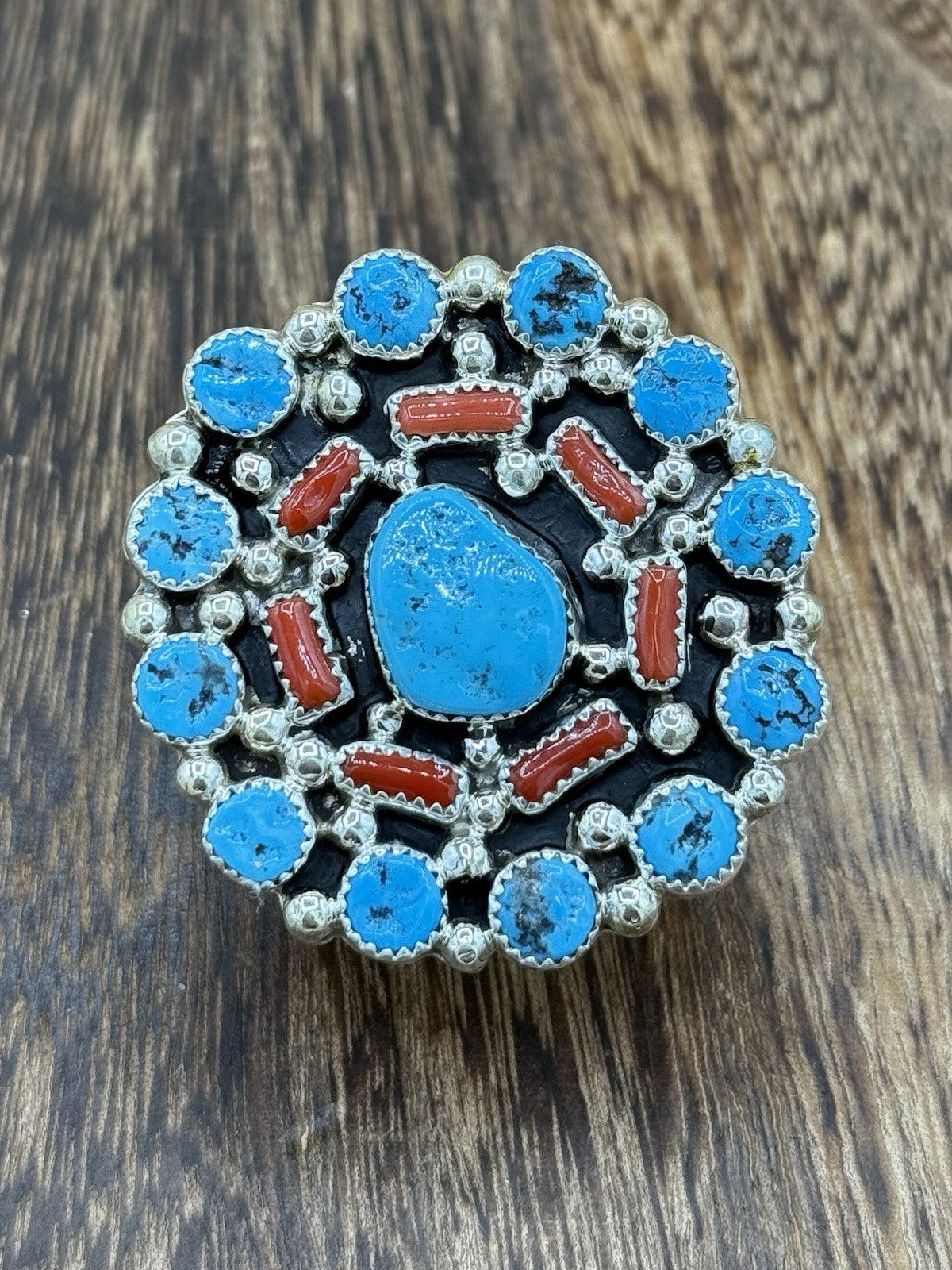 Navajo Handmade Sterling Silver Sleeping Beauty Turquoise & Coral Adjustable 6-9