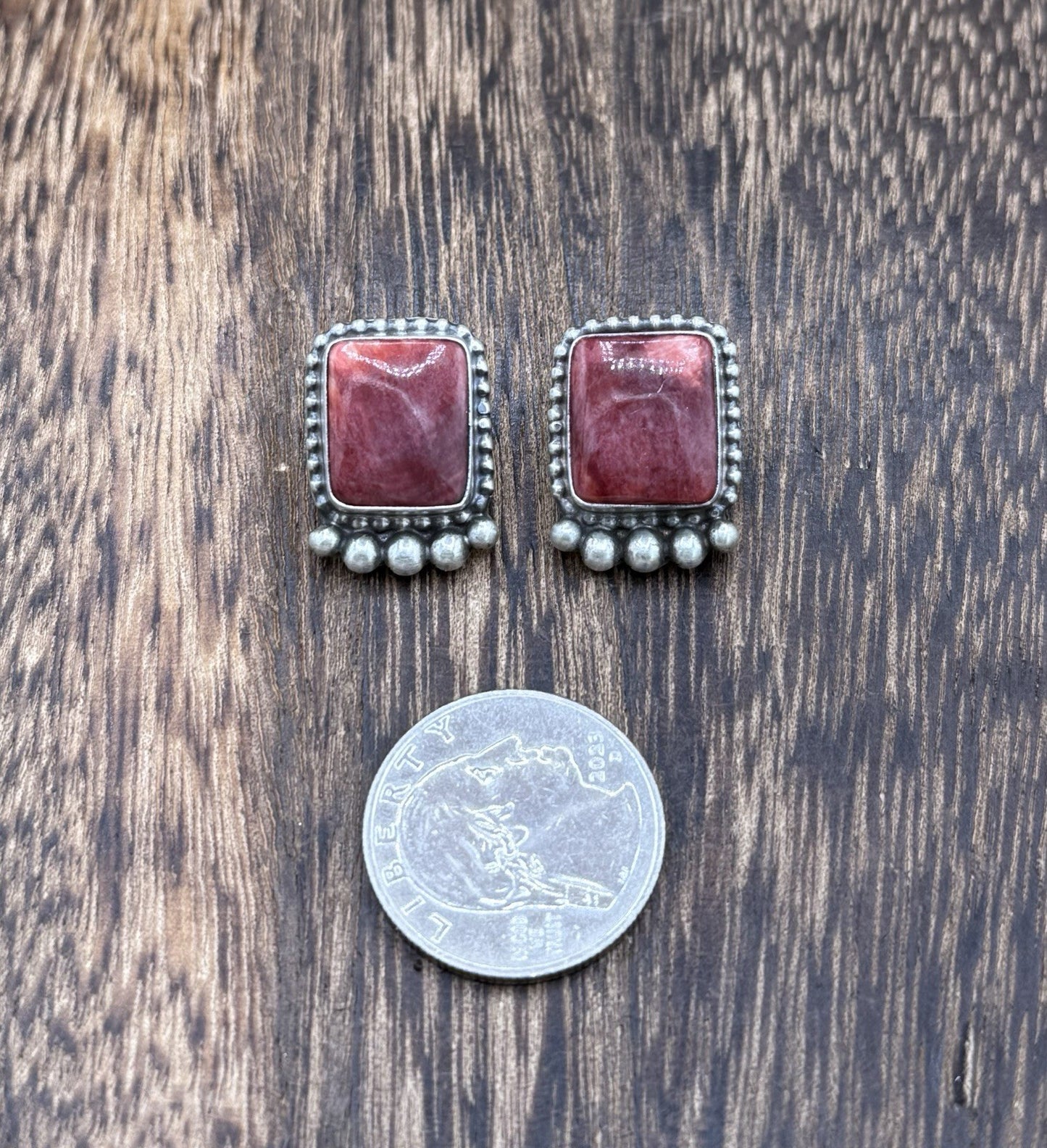 Native Navajo Handmade Sterling Silver Red Spiny Oyster Shell Post Stud Earrings