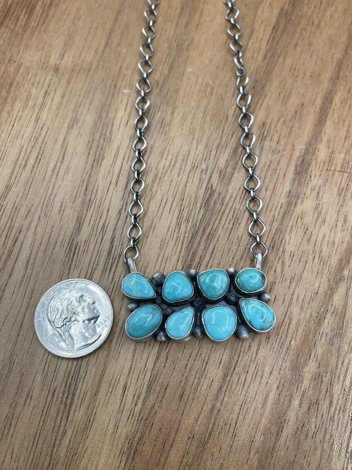 Native American Navajo Handmade Silver Turquoise Cluster Bar Necklace 18