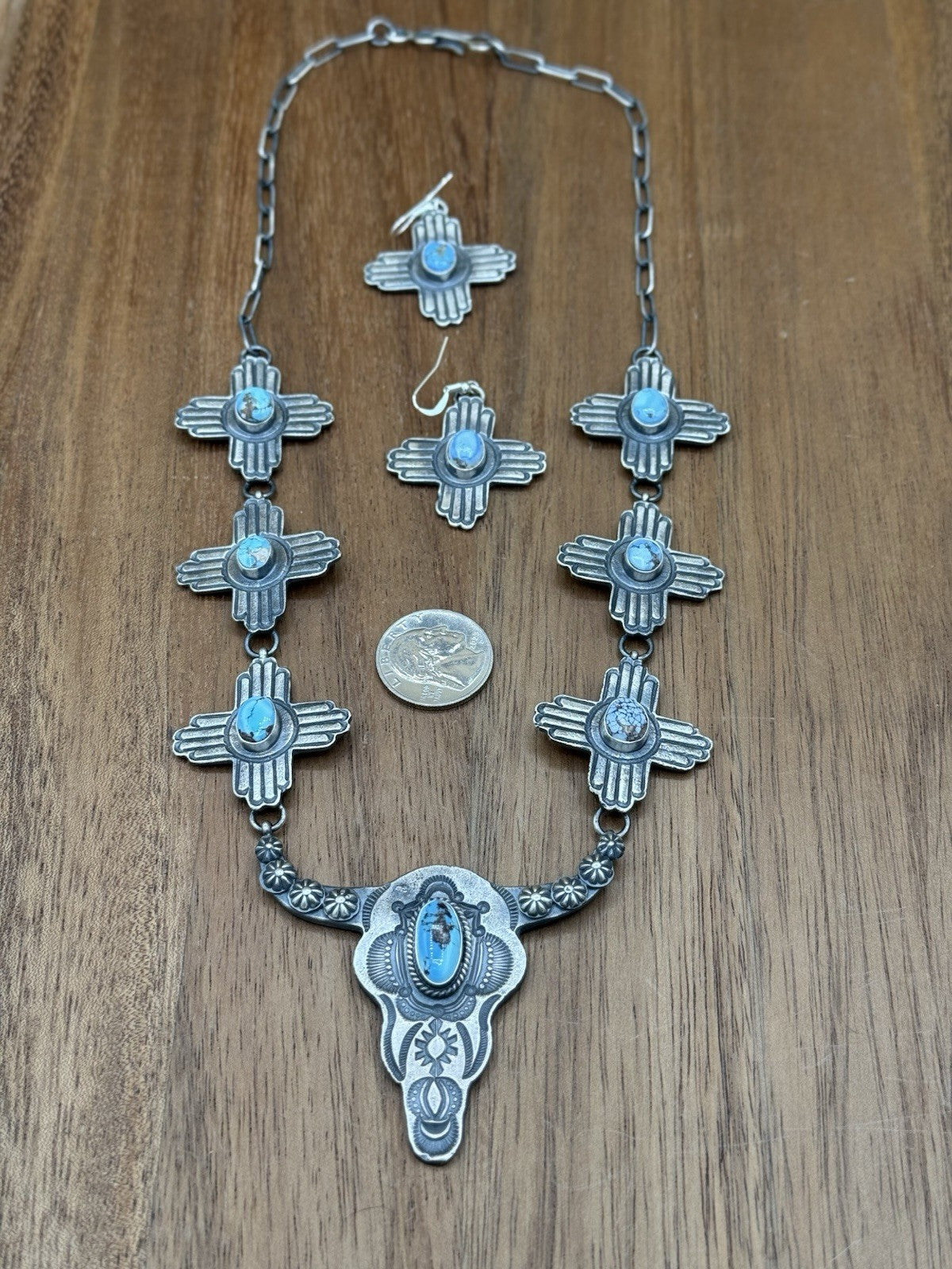 Navajo Handmade Sterling Silver Golden Hills Turquoise Longhorn Zia Necklace Set