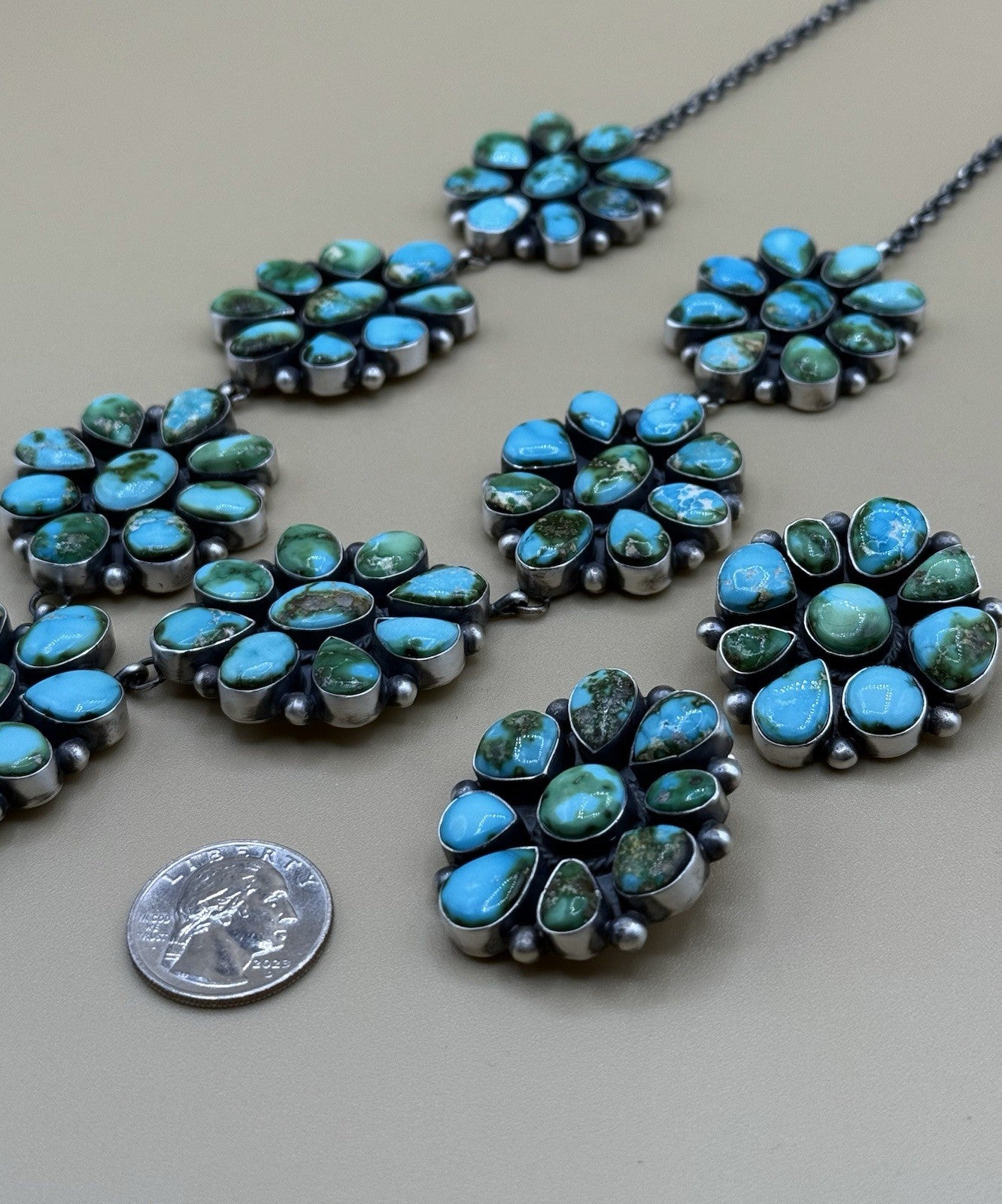 Navajo Handmade Sterling Silver Sonoran Turquoise Cluster Lariat Necklace 24”