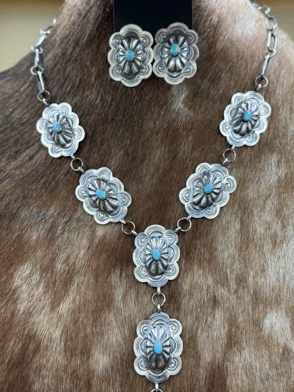 Navajo Handmade Sterling Silver Stamped Concho Turquoise Lariat Necklace Set 20”