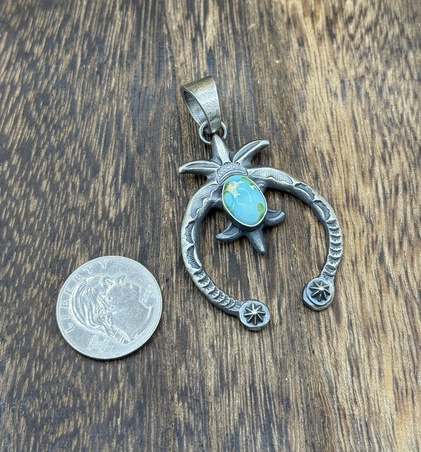 Navajo Handmade Sterling Silver Old Look Sonoran Gold Turquoise Naja Pendant