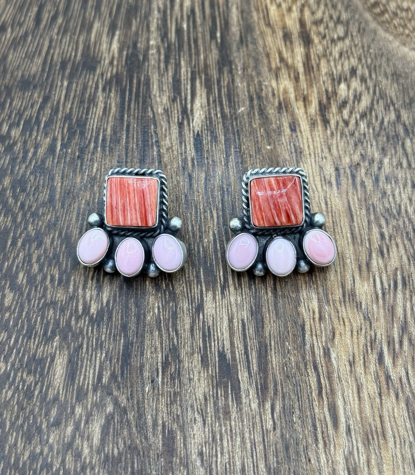 Navajo Handmade Sterling Silver Multi Color Spiny Pink Shell Cluster Earrings