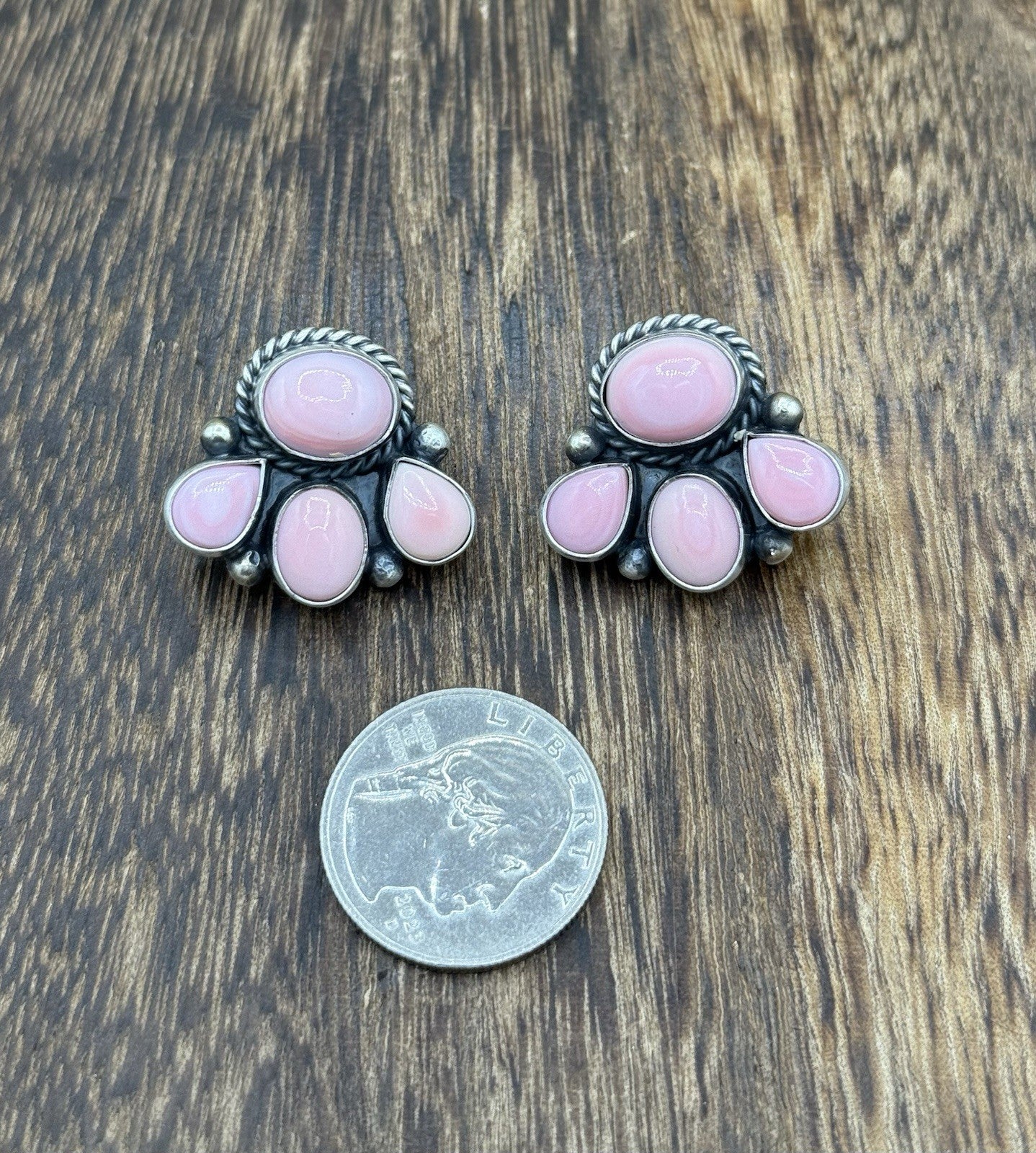 Native Navajo Handmade Sterling Silver Pink Conch Shell Cluster Earrings