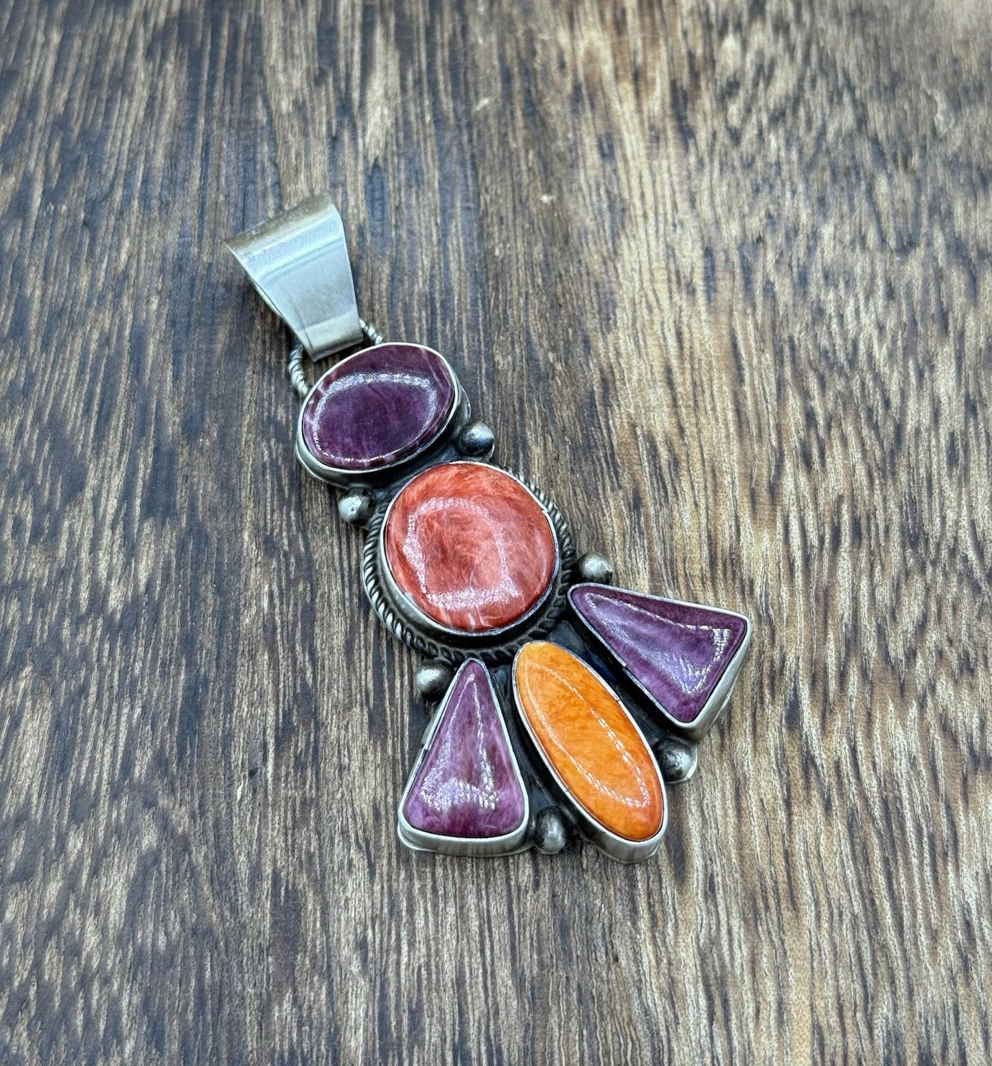 Native Navajo Handmade Sterling Silver Multi Spiny Oyster Shell Cluster Pendant