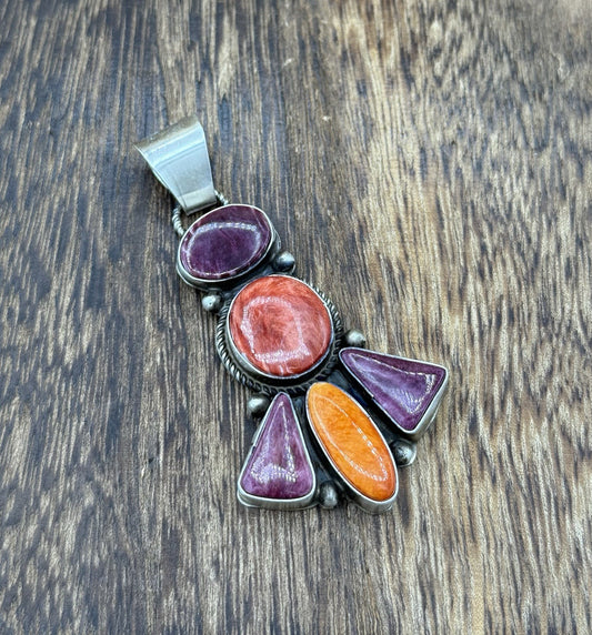 Native Navajo Handmade Sterling Silver Multi Spiny Oyster Shell Cluster Pendant