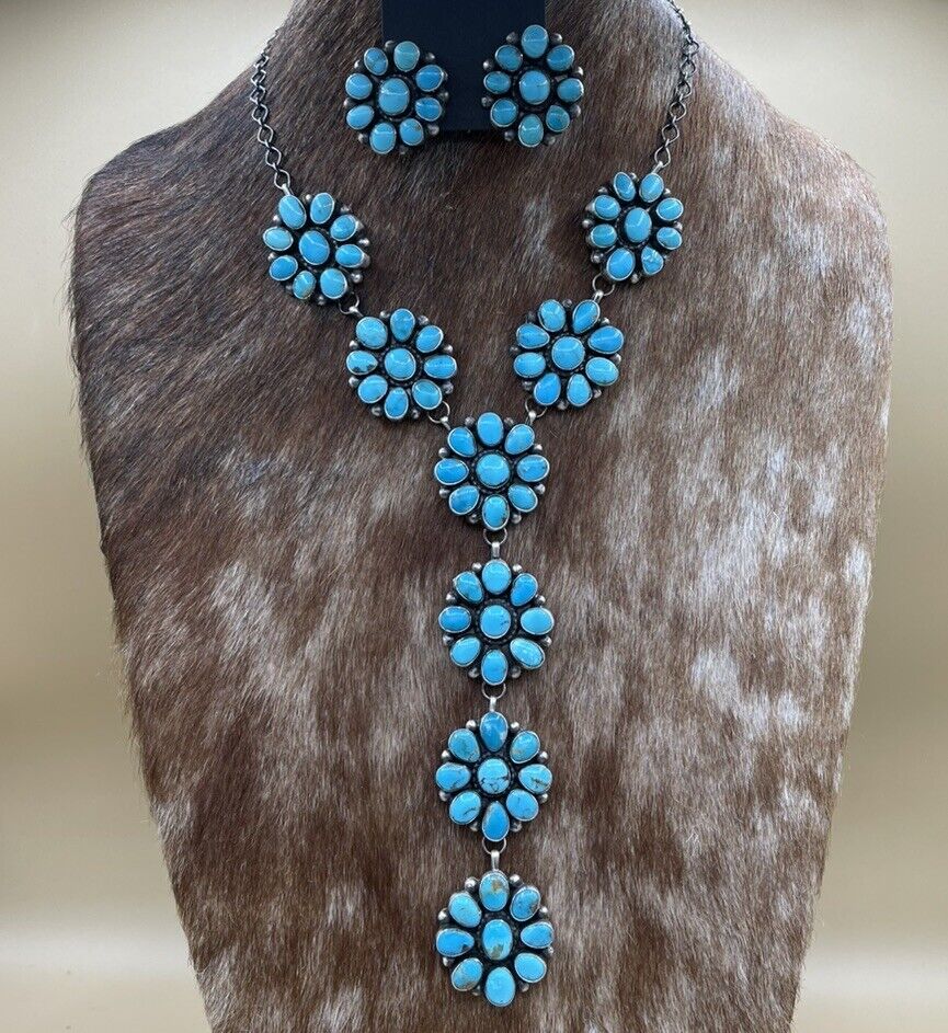 Native American Navajo Silver Kingman Turquoise Cluster Y Lariat Necklace 20”