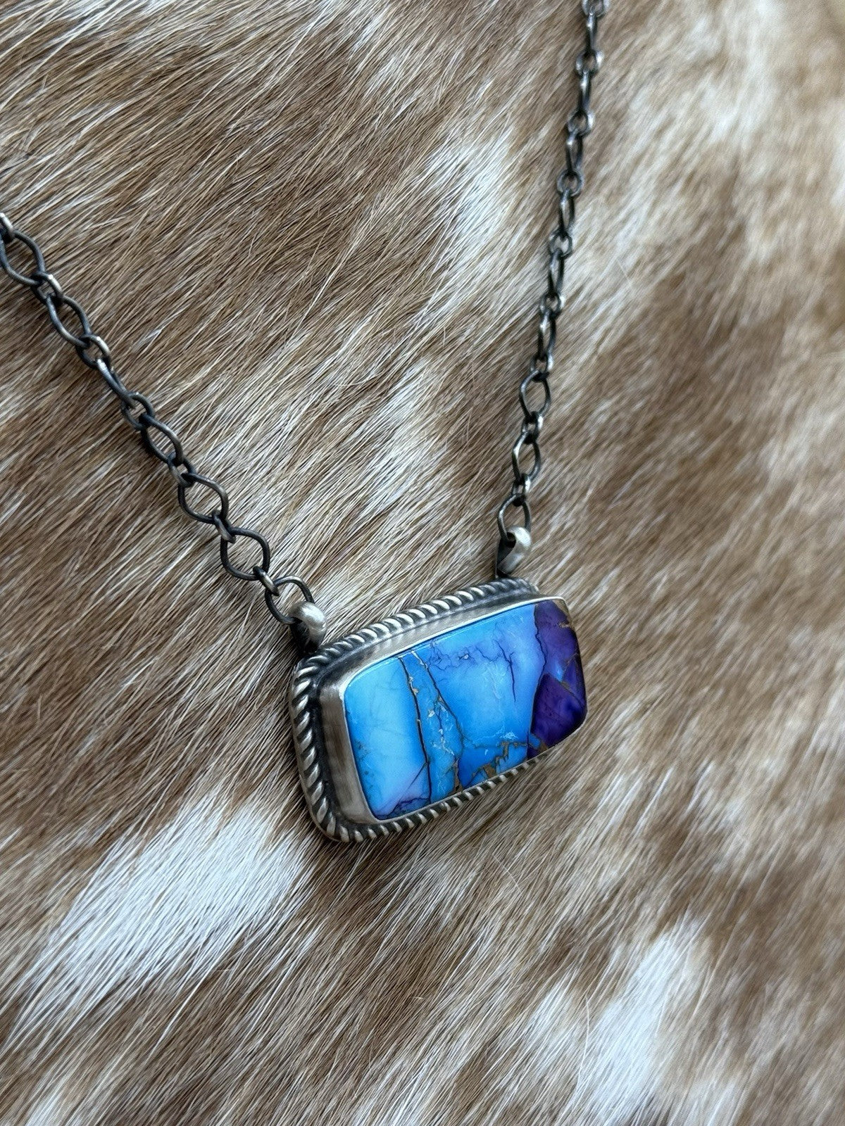 Navajo Handmade Sterling Silver Violet Rose & Blue Dahlia Bar Necklace 18”