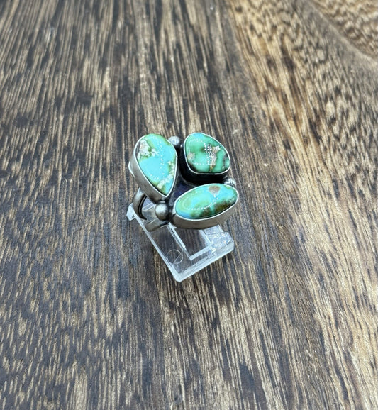 Navajo Handmade Sterling Silver Sonoran Gold Turquoise Cluster Ring Size 7