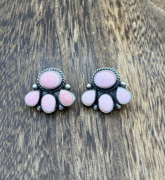 Native Navajo Handmade Sterling Silver Pink Conch Shell Cluster Earrings