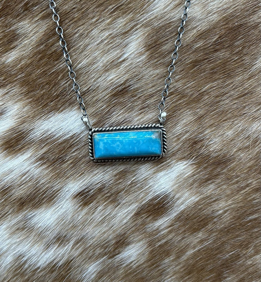 Navajo Handmade Sterling Silver Kingman Turquoise Bar Necklace 16”