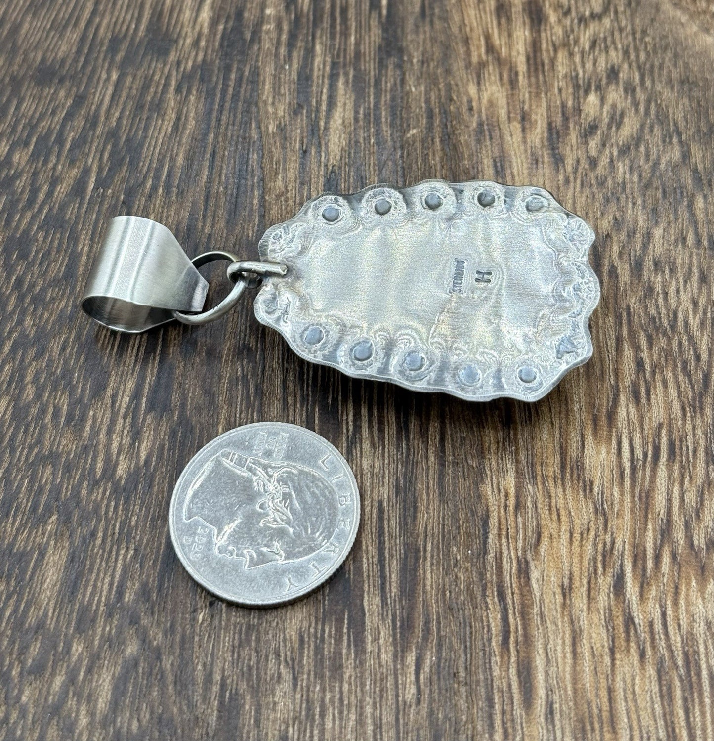 Navajo Handmade Sterling Silver Royston Turquoise Stamped Design Drop Pendant