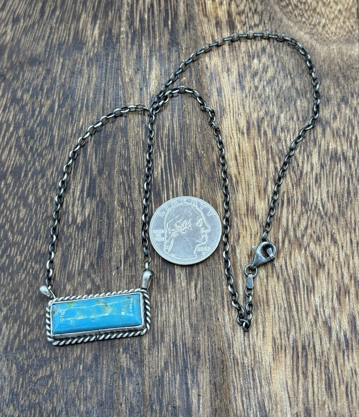 Native Navajo Handmade Sterling Silver Kingman Turquoise Bar Necklace 18”