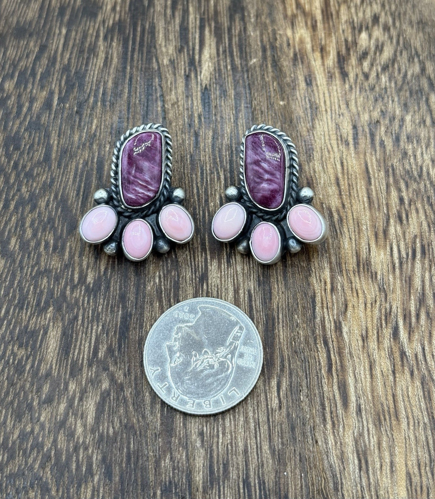 Navajo Handmade Sterling Silver Multi Color Spiny Pink Shell Cluster Earrings