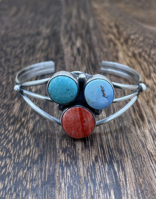 Native American Navajo Handmade Sterling Silver Multi Stone color Cuff Bracelet