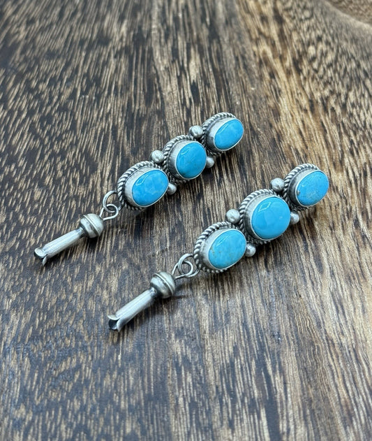 Navajo Handmade Sterling Silver Kingman Turquoise Blossom Post Dangle Earrings