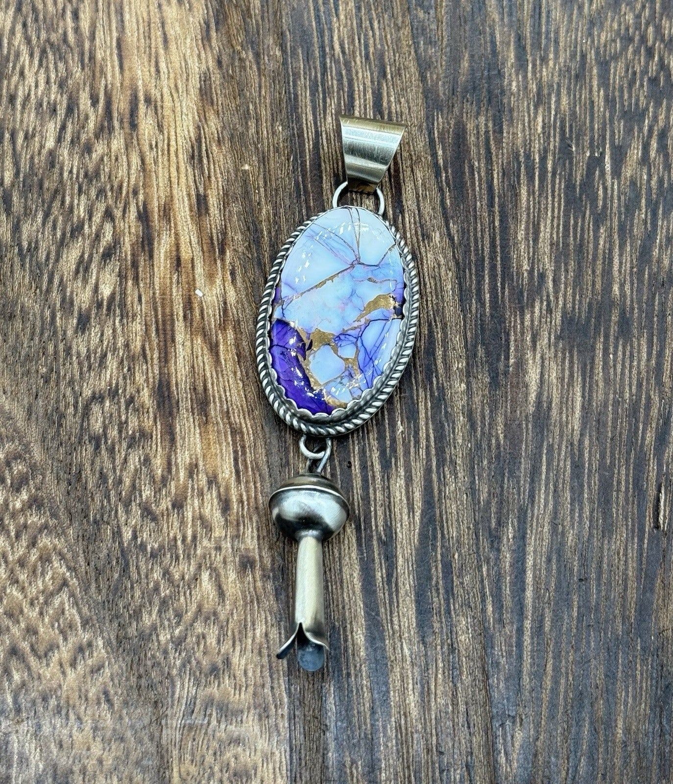 Native Navajo Handmade Sterling Silver Violet Rose Dahlia Dangle Blossom Pendant