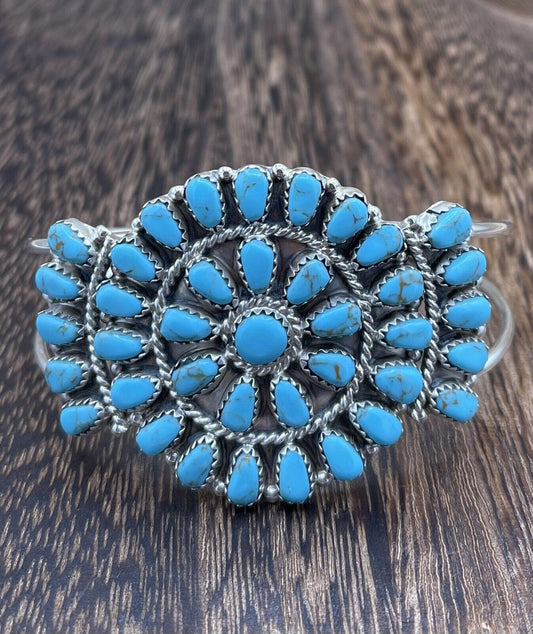 Native American Navajo Handmade Sterling Silver Turquoise Cluster Cuff Bracelet