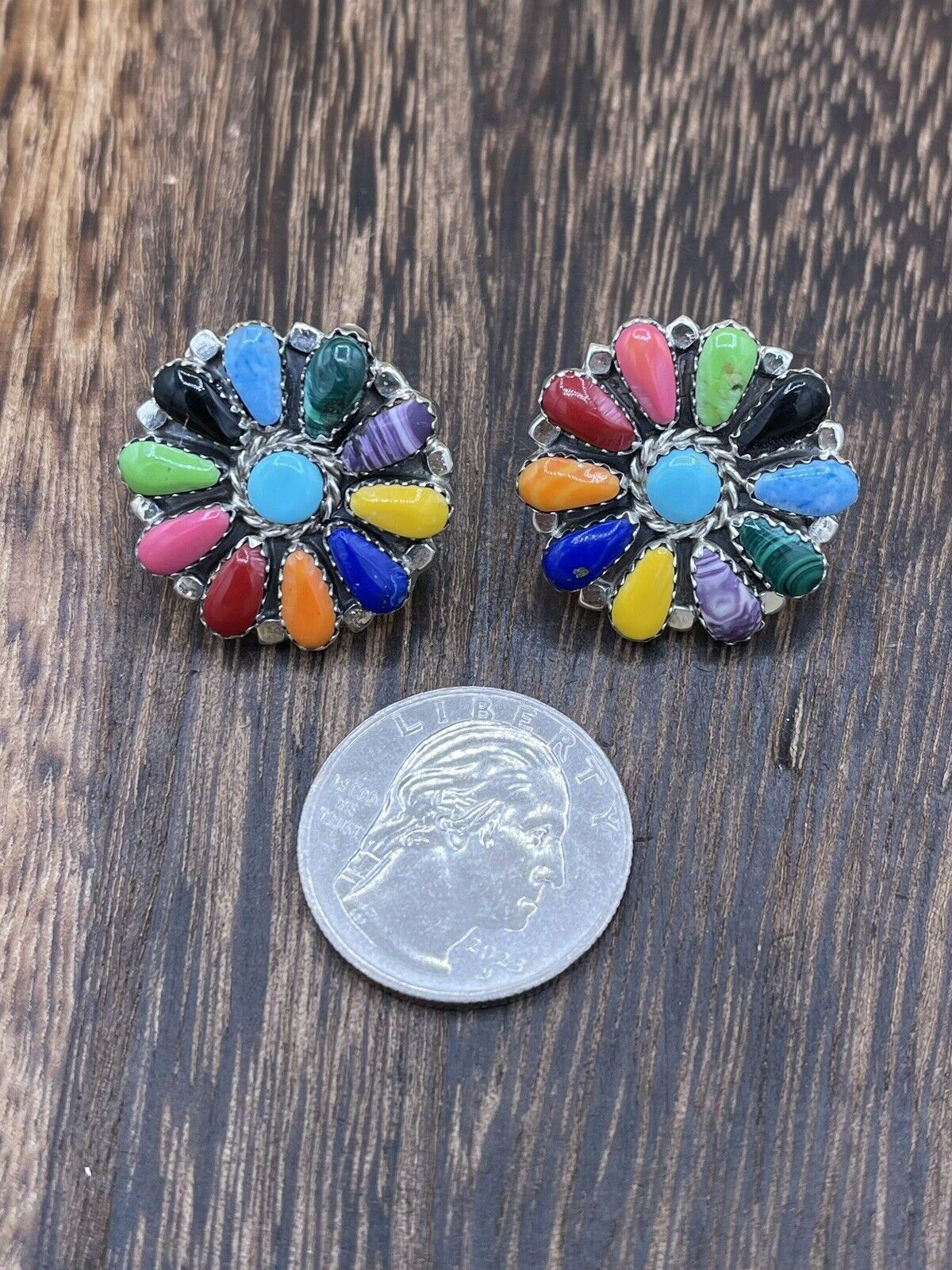 Native American Navajo Handmade Sterling Silver Multicolor Cluster Stud Earrings