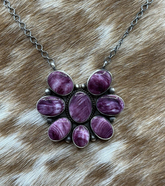 Navajo Handmade Sterling Silver Purple Spiny Oyster Cluster Bar Necklace 18”