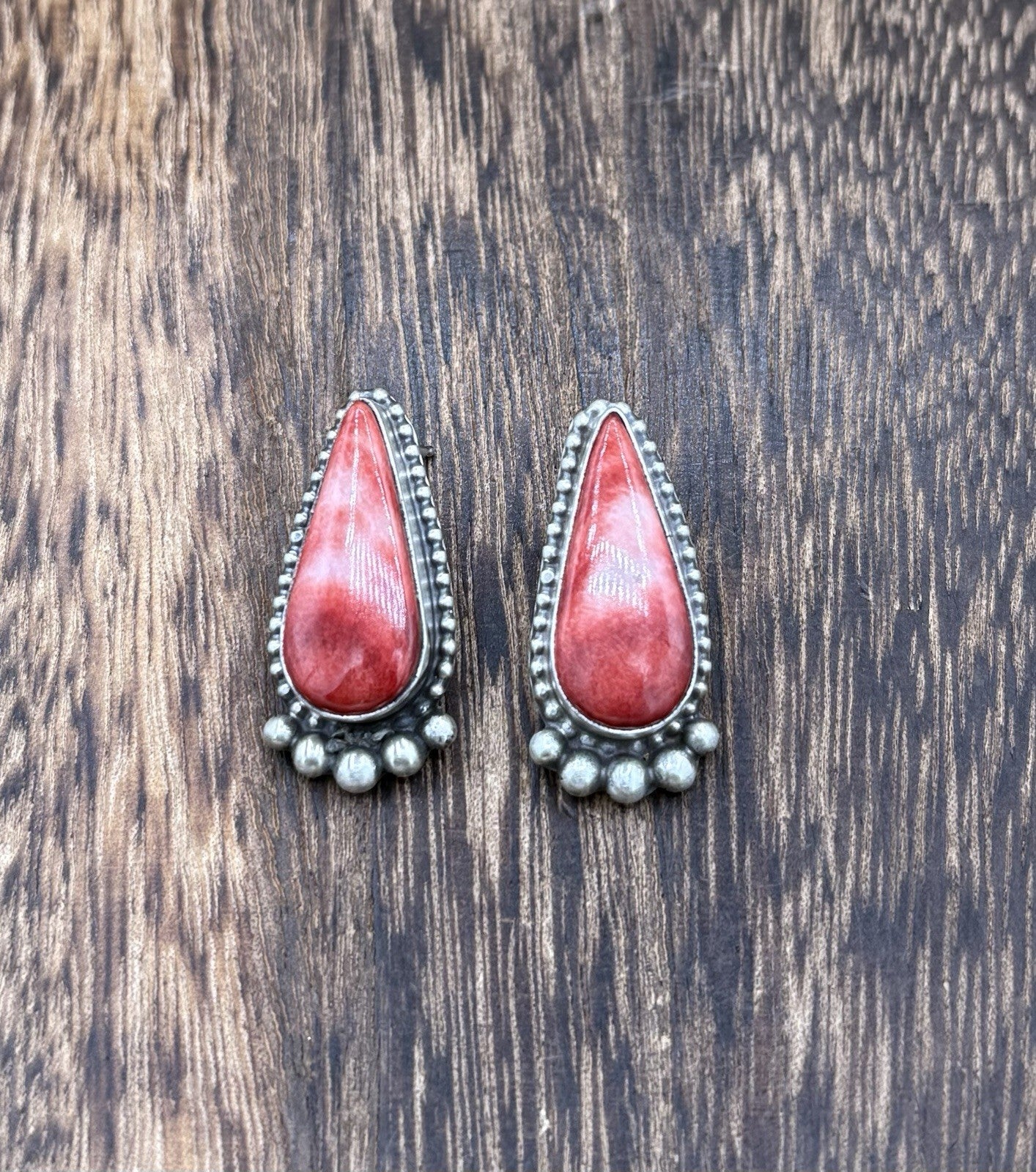 Native Navajo Handmade Sterling Silver Red Spiny Oyster Shell Post Stud Earrings