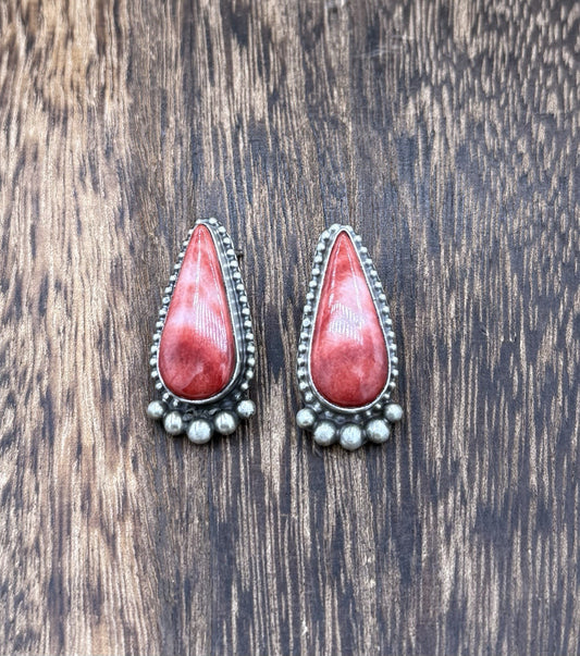 Native Navajo Handmade Sterling Silver Red Spiny Oyster Shell Post Stud Earrings