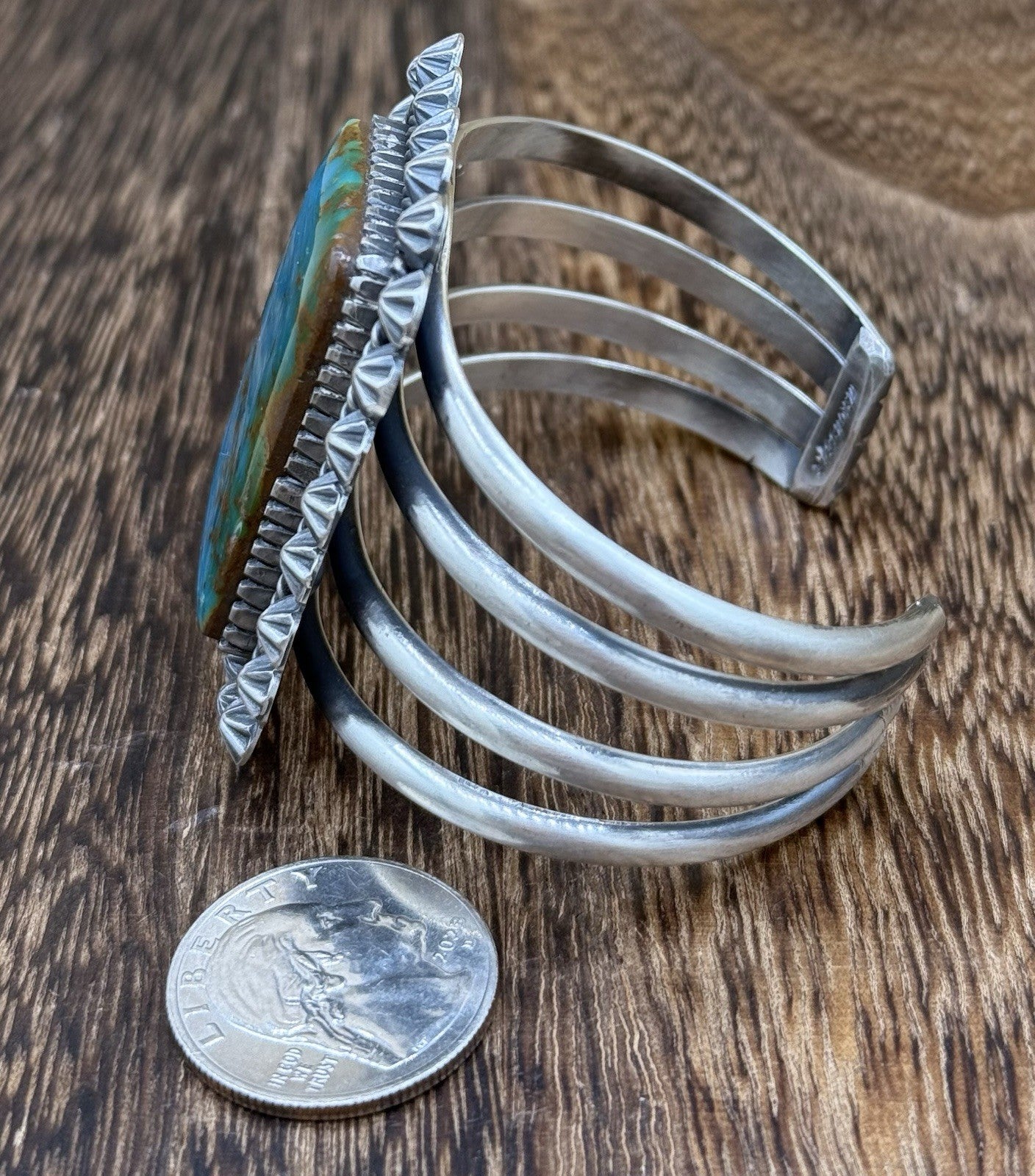 Native Navajo Handmade Sterling Silver Royston Turquoise Old Look Cuff Bracelet