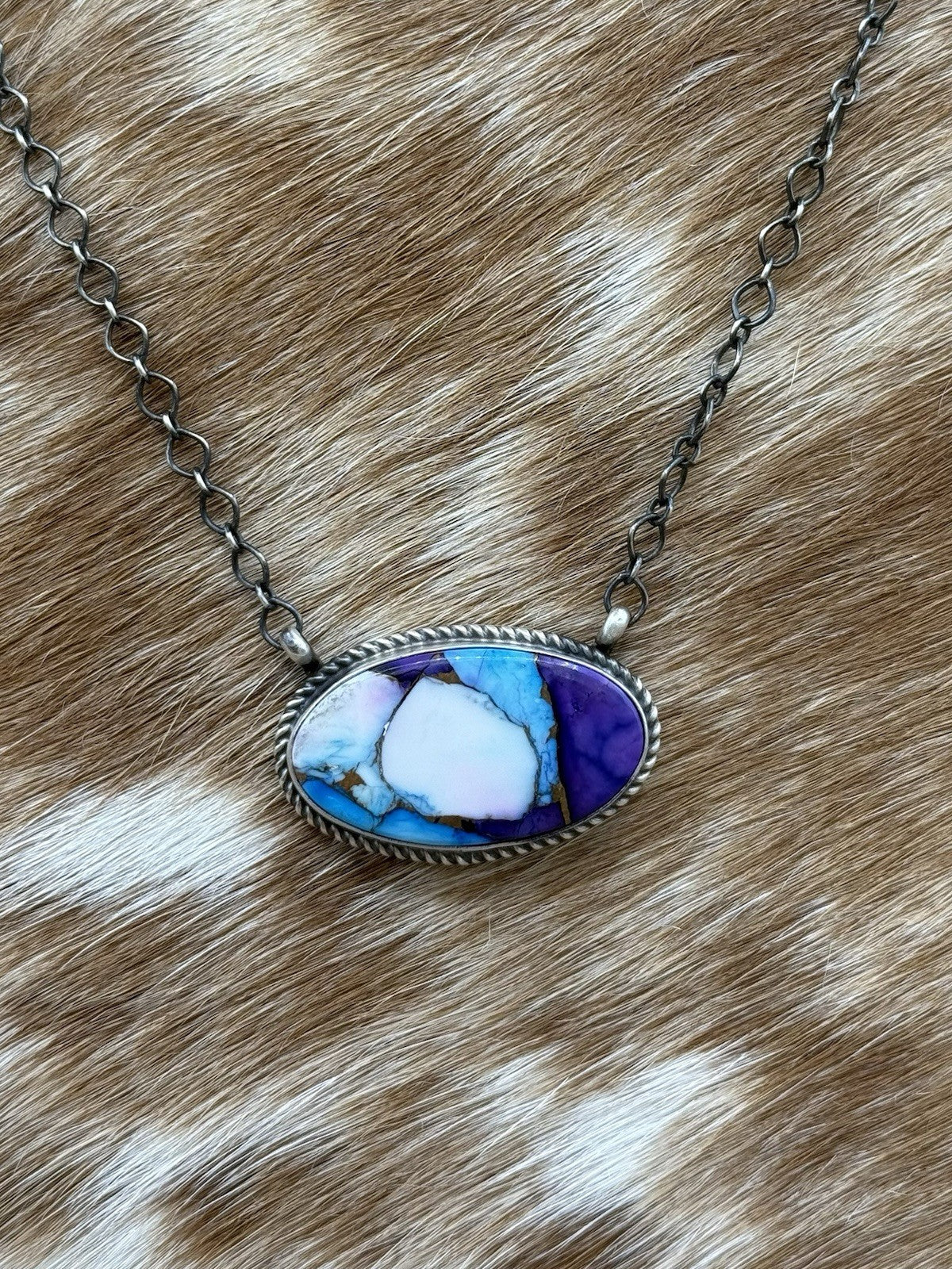 Navajo Handmade Sterling Silver Violet Rose & Blue Dahlia Bar Necklace 18”