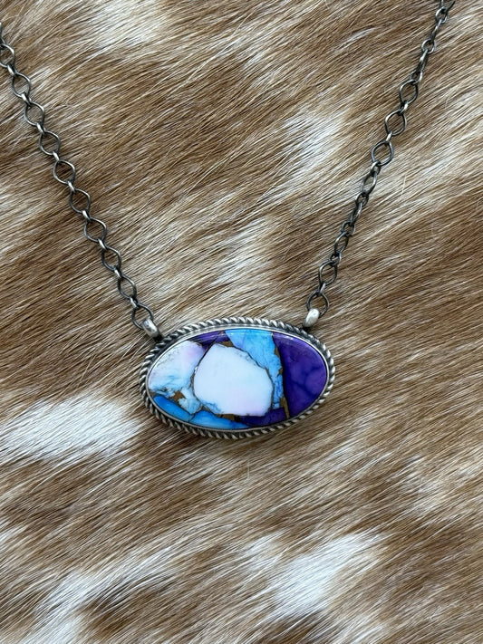 Navajo Handmade Sterling Silver Violet Rose & Blue Dahlia Bar Necklace 18”