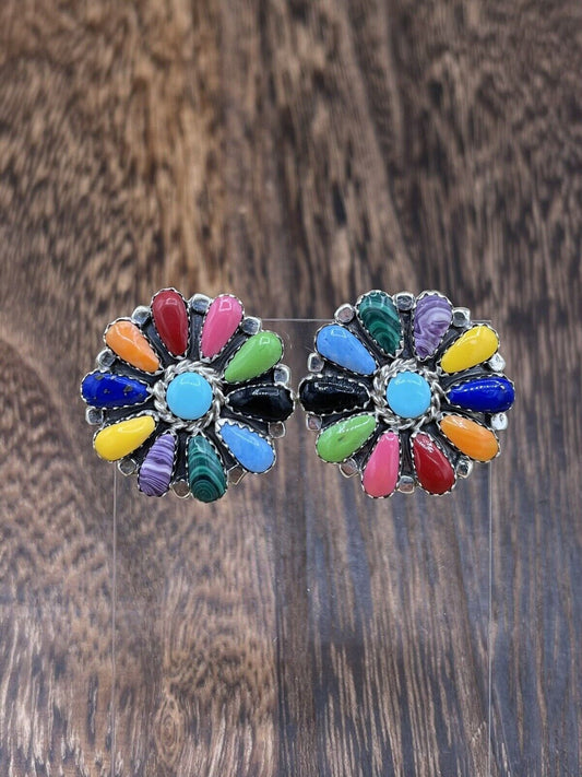 Native American Navajo Handmade Sterling Silver Multicolor Cluster Stud Earrings