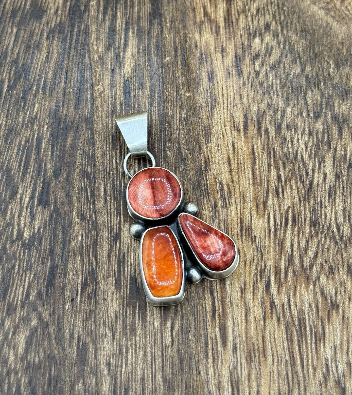 Navajo Handmade Sterling Silver Red Orng Spiny Oyster Shell Cluster Drop Pendant