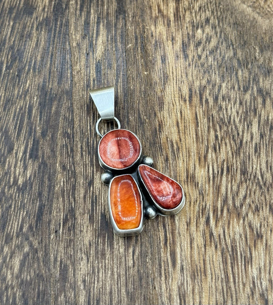 Navajo Handmade Sterling Silver Red Orng Spiny Oyster Shell Cluster Drop Pendant