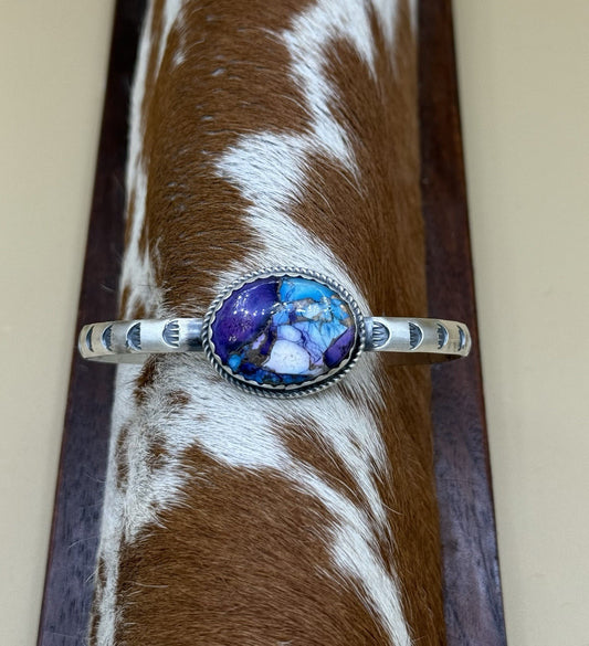 Navajo Handmade Sterling Silver Violet Rose Dahlia Stamped Stacker Cuff Bracelet