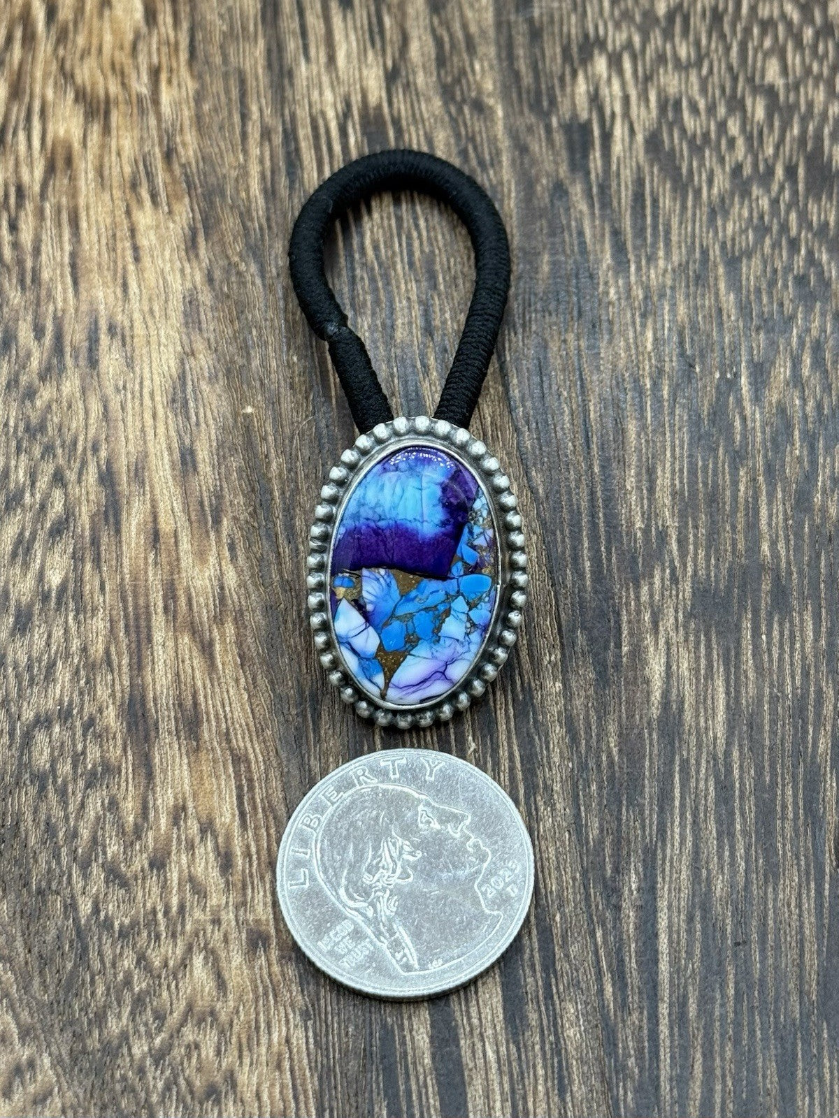 Native Navajo Handmade Sterling Silver Violet Rose & Blue Dahlia Hair Tie