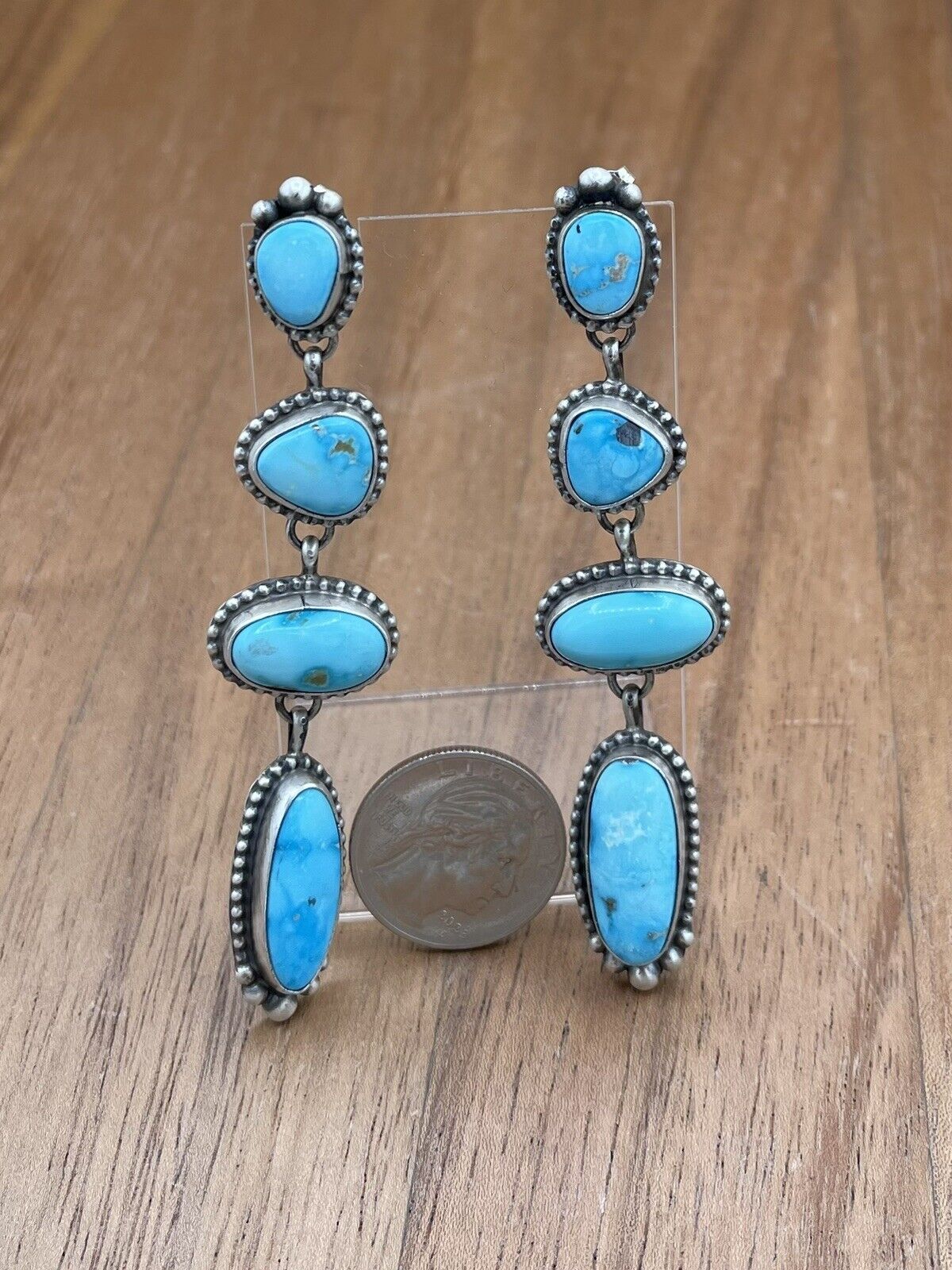 Native American Navajo Handmade Silver Kingman Turquoise Post Dangle Earrings