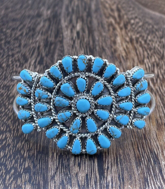 Native American Navajo Handmade Sterling Silver Turquoise Cluster Cuff Bracelet