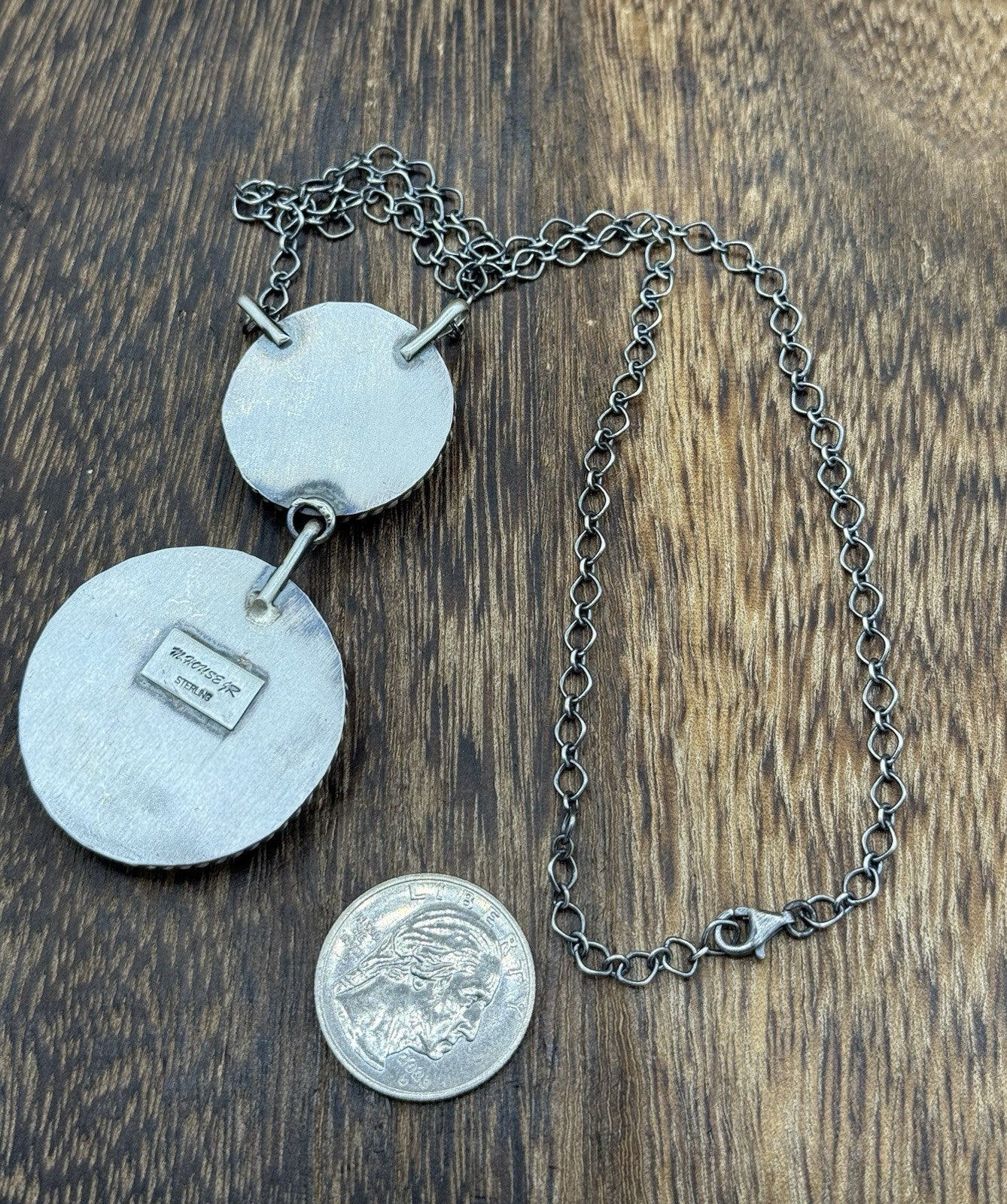 Navajo Handmade Sterling Silver Kingman Turquoise Cluster Bar Necklace 18”