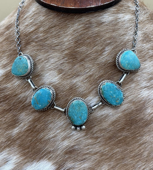 Native Navajo Handmade Sterling Silver Kingman Turquoise Choker Necklace 15”