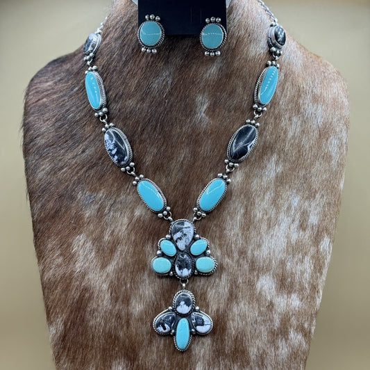 Navajo Handmade Sterling Silver Turquoise &White Buffalo Cluster Lariat Necklace