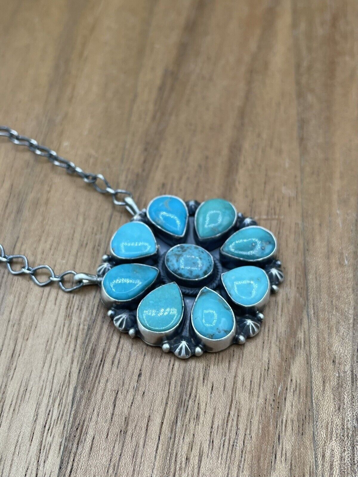 Native American Navajo Handmade Silver Turquoise Cluster Necklace 18 Inch