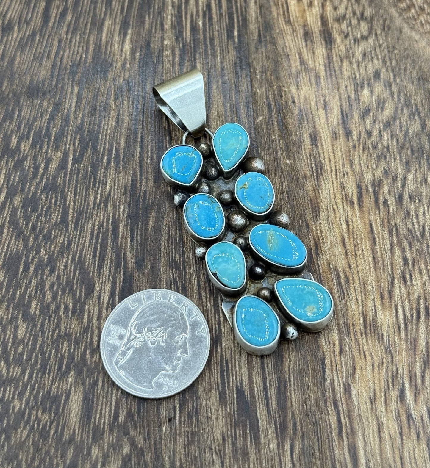 Native Navajo Handmade Sterling Silver Kingman Turquoise Cluster Drop Pendant