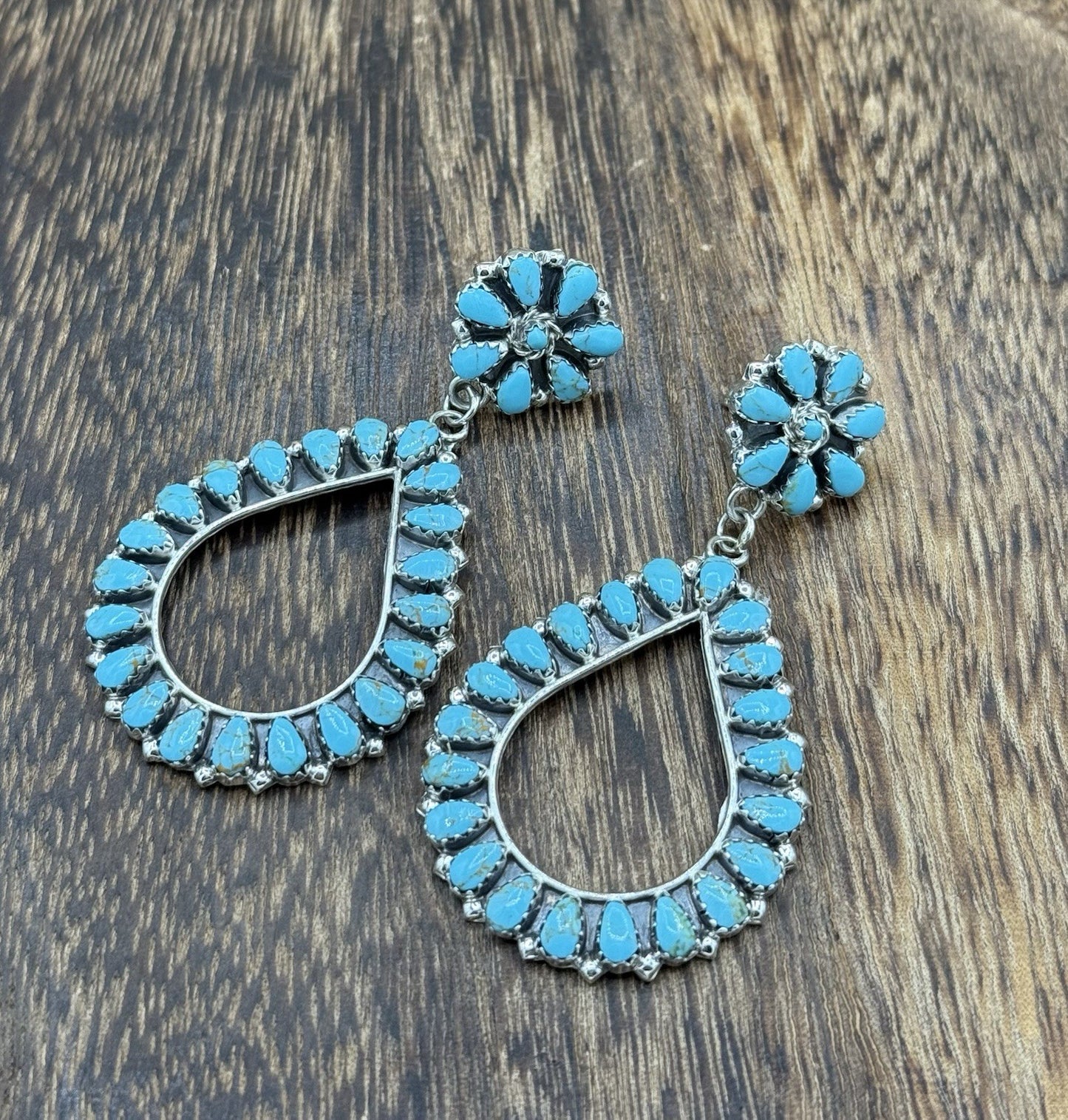 Navajo Handmade Sterling Silver Turquoise Cluster Post Drop earrings Large